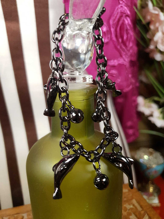 Vintage Sterling Silver Dolphin Charm Bracelet Bells Gun Metal Grey 925