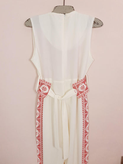Vintage 90s Embroidered Jumpsuit Ladies Playsuit Cream Red Ethnic Size 12