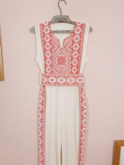 Vintage 90s Embroidered Jumpsuit Ladies Playsuit Cream Red Ethnic Size 12