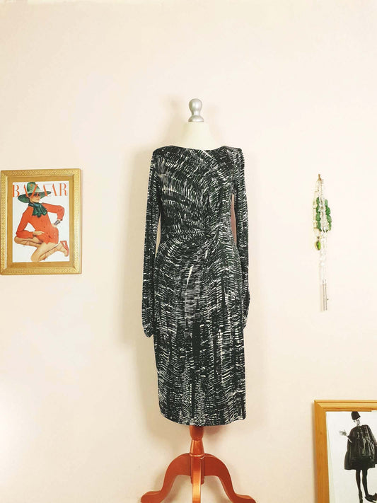 Vintage 90s Ghost London Wrap Midi Dress Green Black Print Size 10