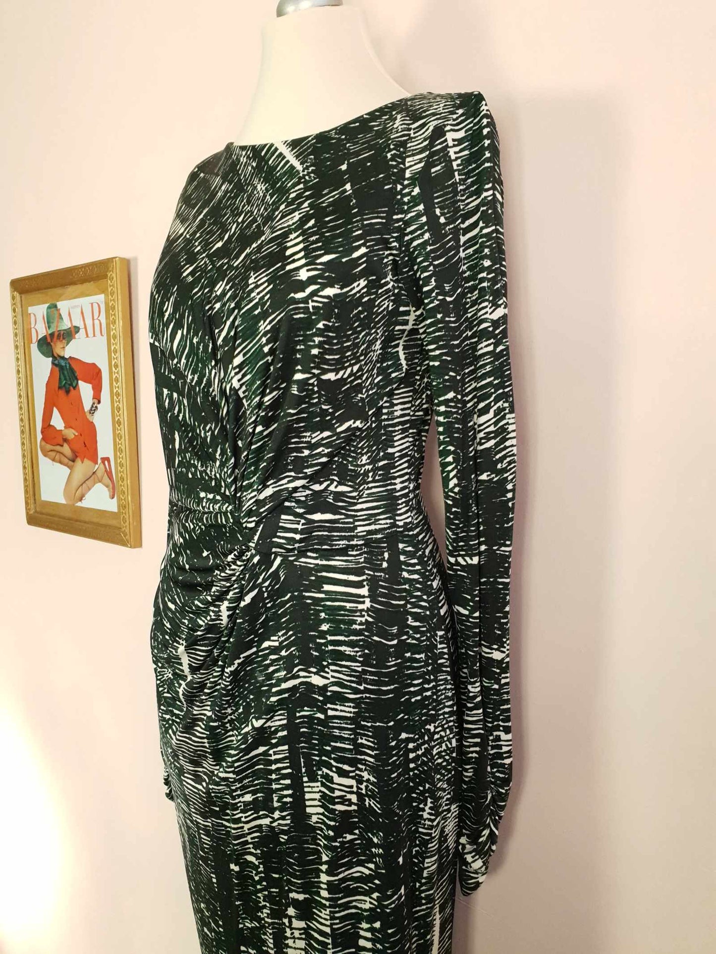 Vintage 90s Ghost London Wrap Midi Dress Green Black Print Size 10