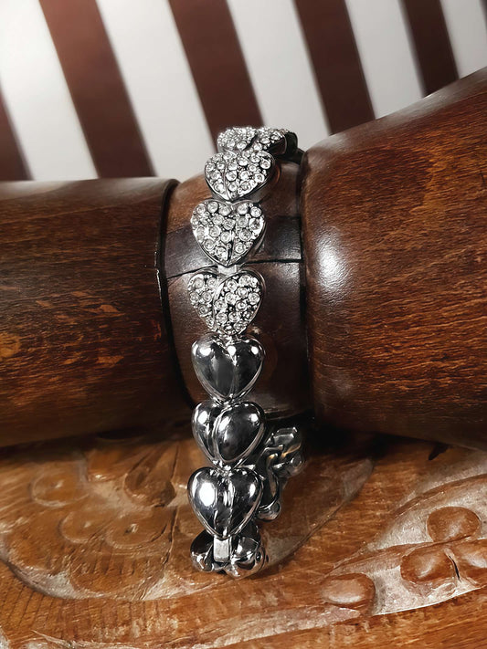 Vintage 90s Heart Rhinestone Bracelet Silver-Tone Hearts