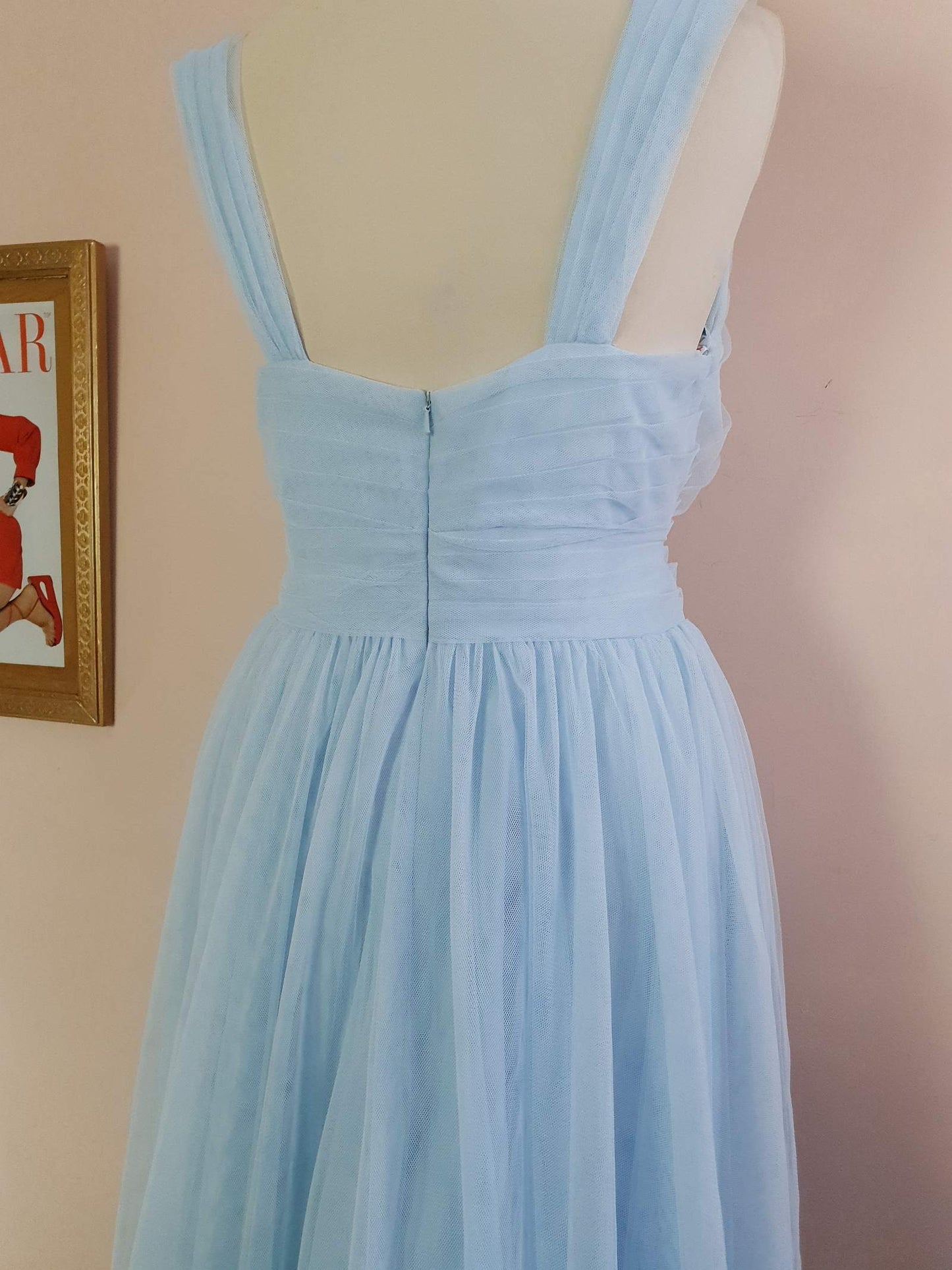 Vintage 90s Pale Blue Evening Dress Size 10 Tulle Prom Party Cocktail Gown Fit & Flare