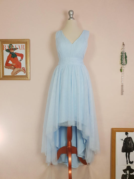 Vintage 90s Pale Blue Evening Dress Size 10 Tulle Prom Party Cocktail Gown Fit & Flare