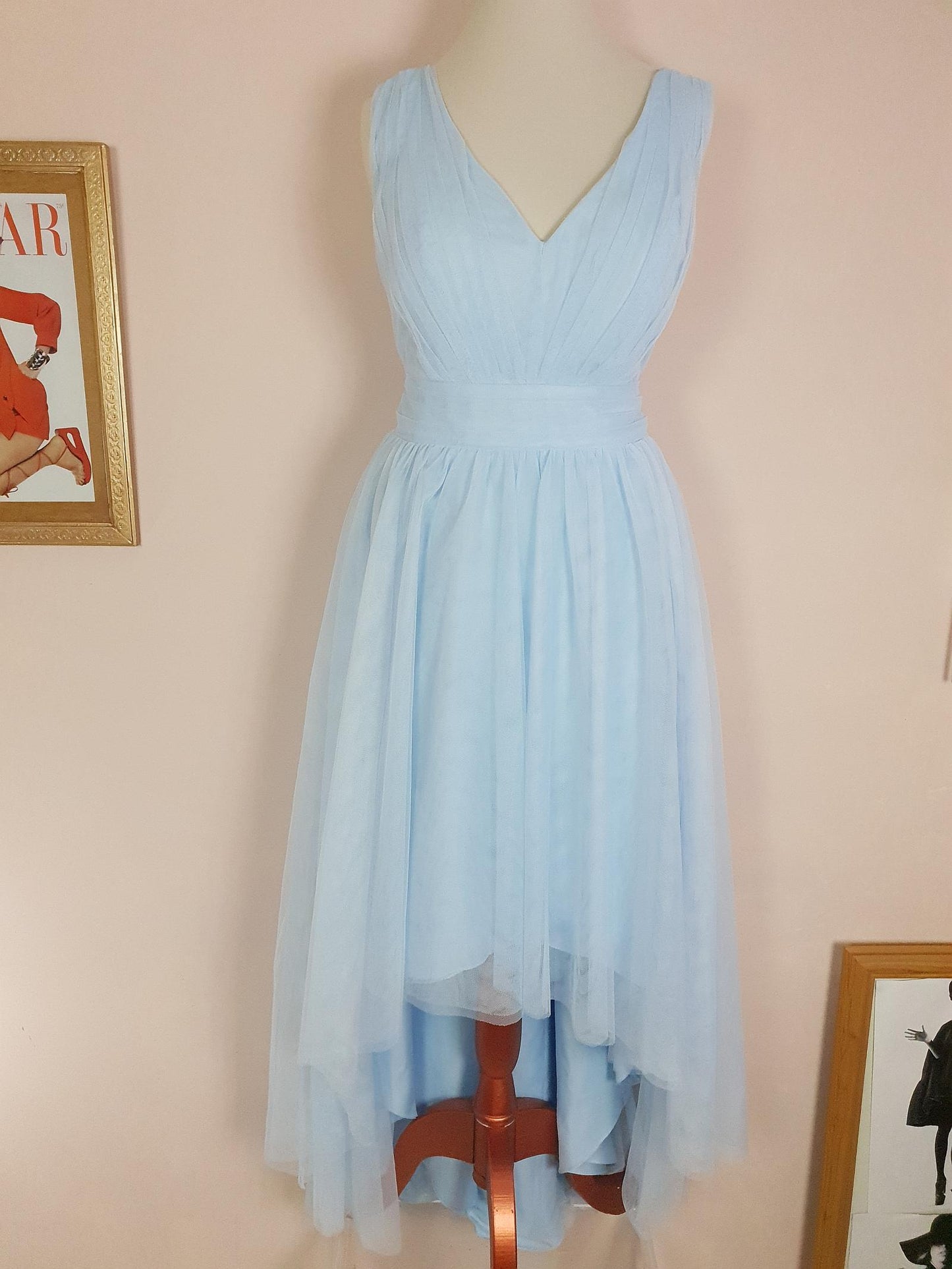 Vintage 90s Pale Blue Evening Dress Size 10 Tulle Prom Party Cocktail Gown Fit & Flare