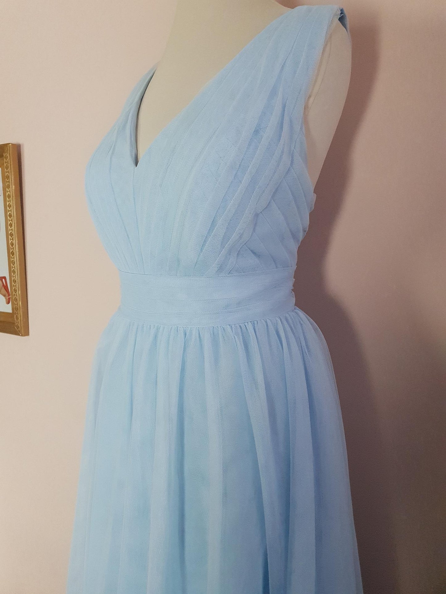 Vintage 90s Pale Blue Evening Dress Size 10 Tulle Prom Party Cocktail Gown Fit & Flare