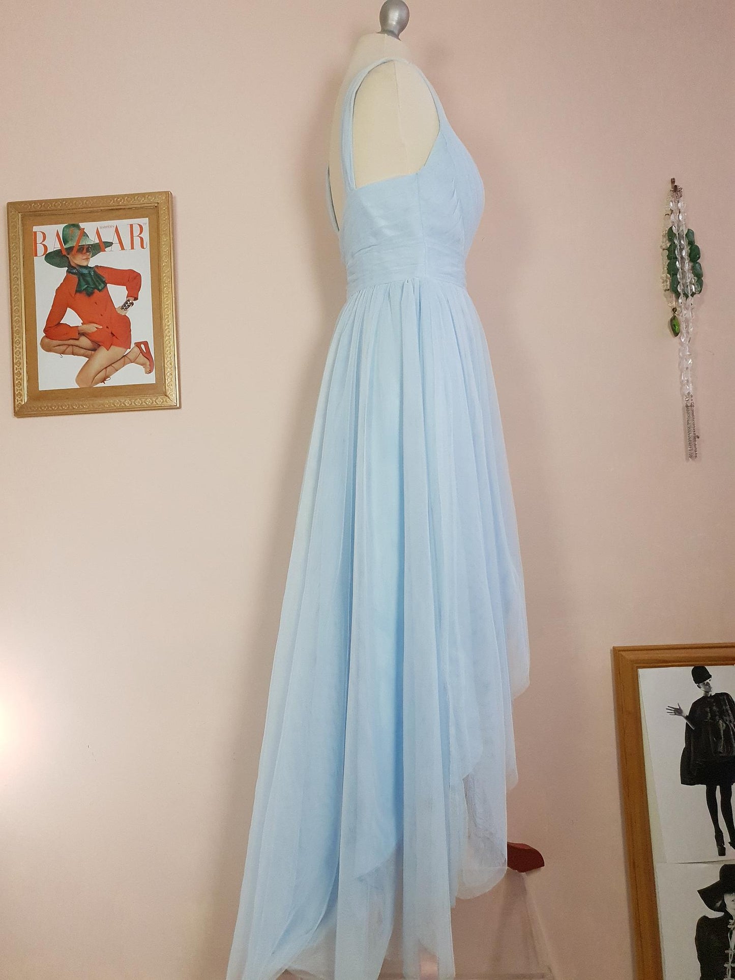 Vintage 90s Pale Blue Evening Dress Size 10 Tulle Prom Party Cocktail Gown Fit & Flare