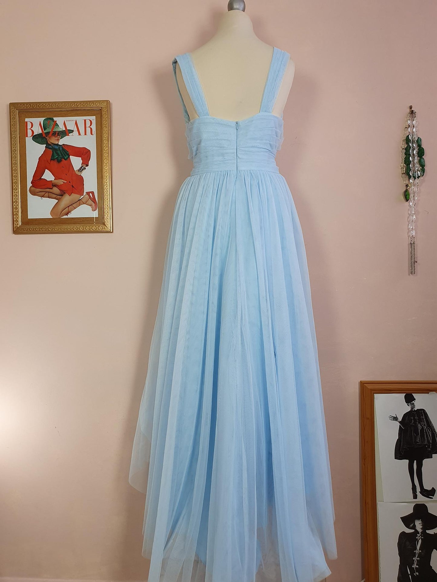 Vintage 90s Pale Blue Evening Dress Size 10 Tulle Prom Party Cocktail Gown Fit & Flare