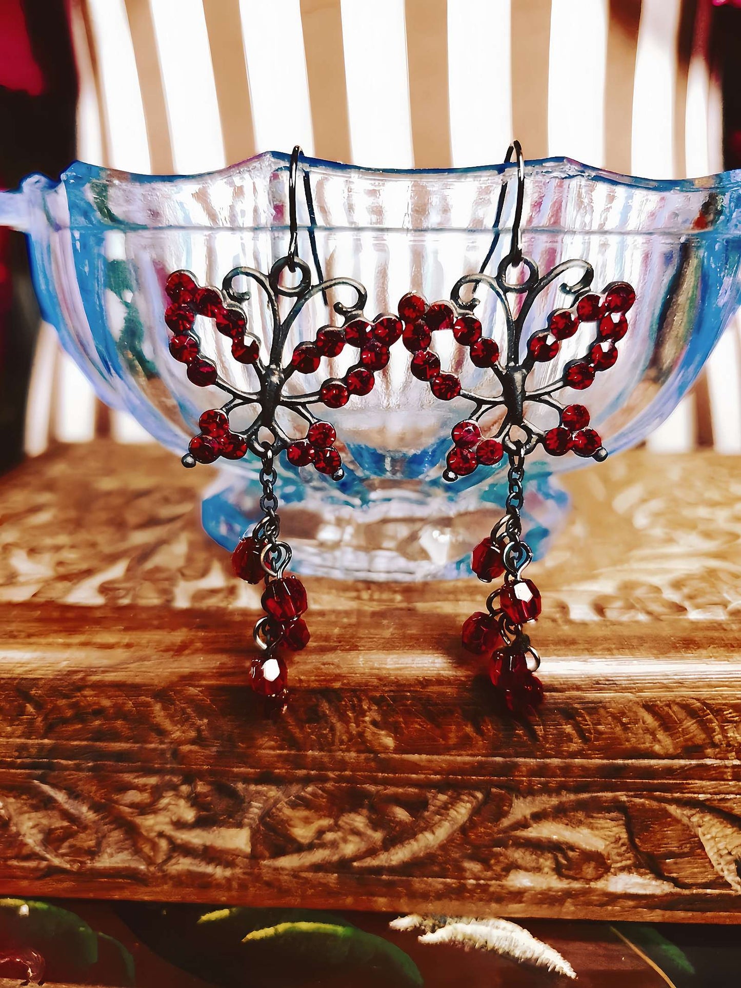 Vintage 90s Butterfly Dangle Earrings Red Rhinestone Boho Bohemian Drop