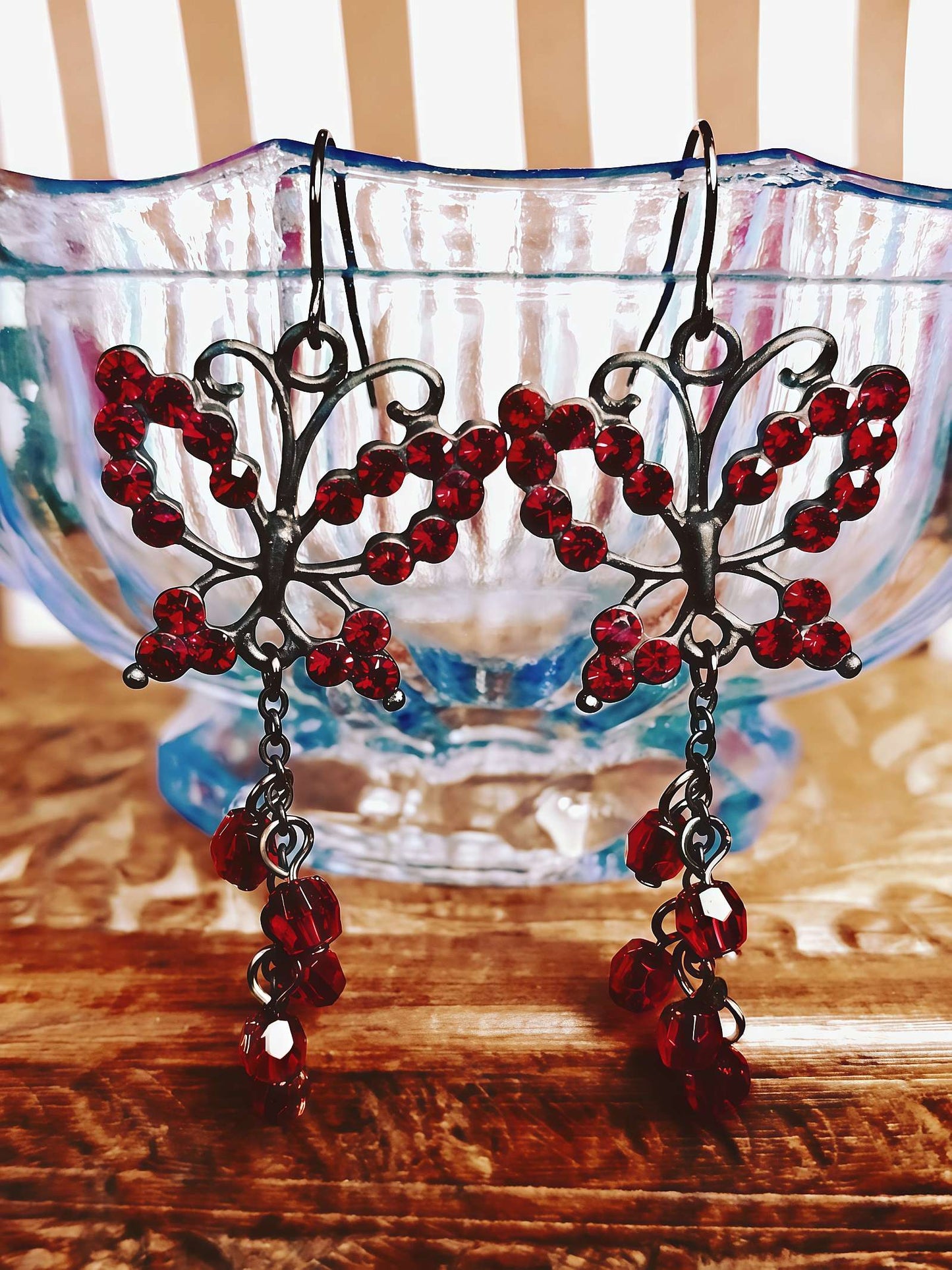 Vintage 90s Butterfly Dangle Earrings Red Rhinestone Boho Bohemian Drop