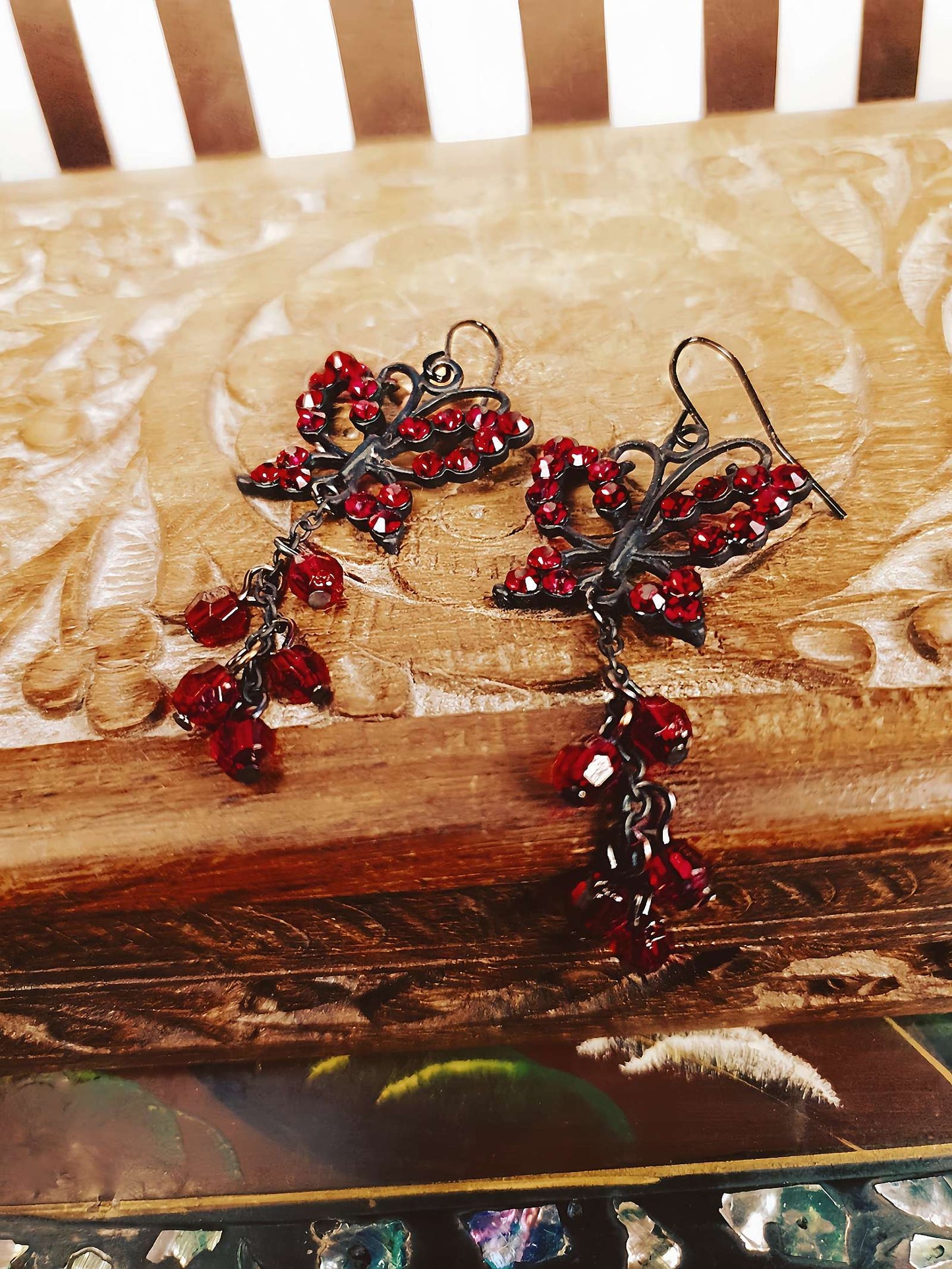 Vintage 90s Butterfly Dangle Earrings Red Rhinestone Boho Bohemian Drop