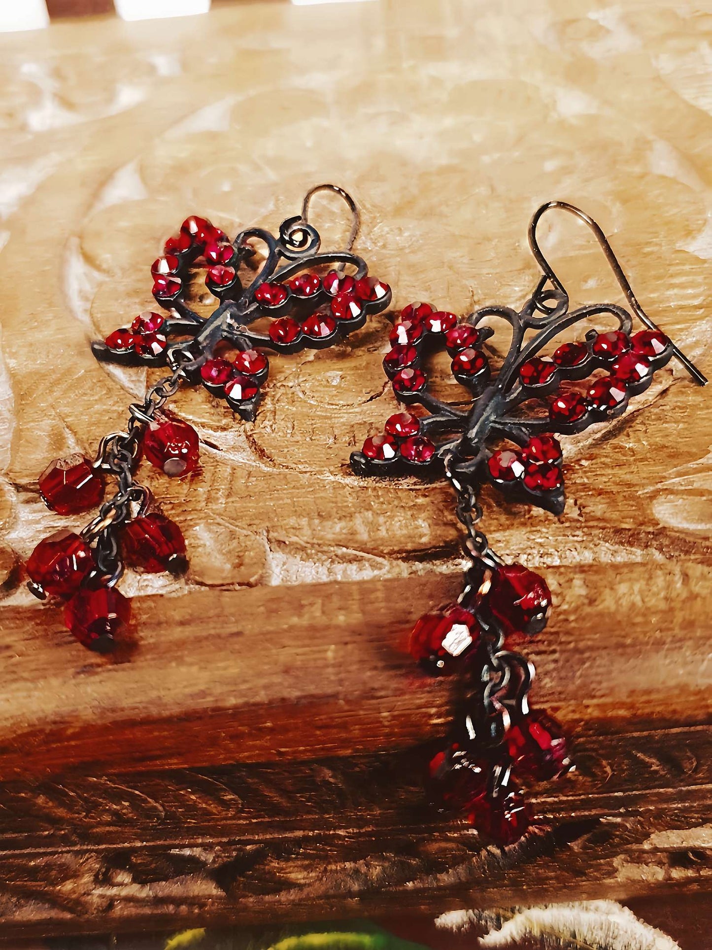 Vintage 90s Butterfly Dangle Earrings Red Rhinestone Boho Bohemian Drop