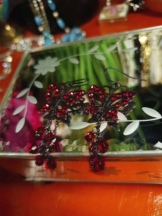 Vintage 90s Butterfly Dangle Earrings Red Rhinestone Boho Bohemian Drop