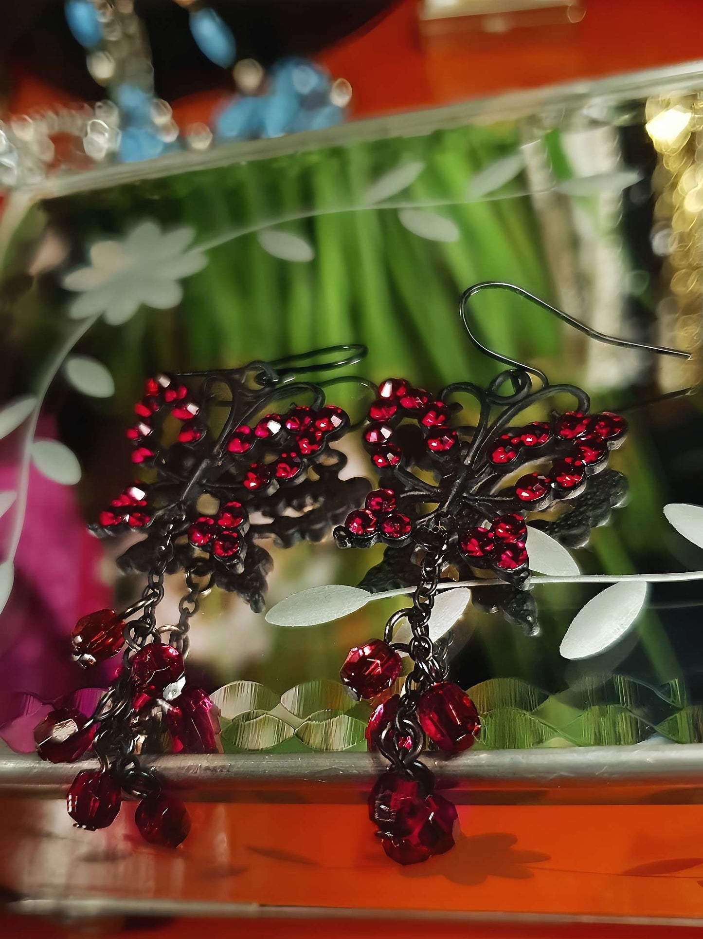 Vintage 90s Butterfly Dangle Earrings Red Rhinestone Boho Bohemian Drop