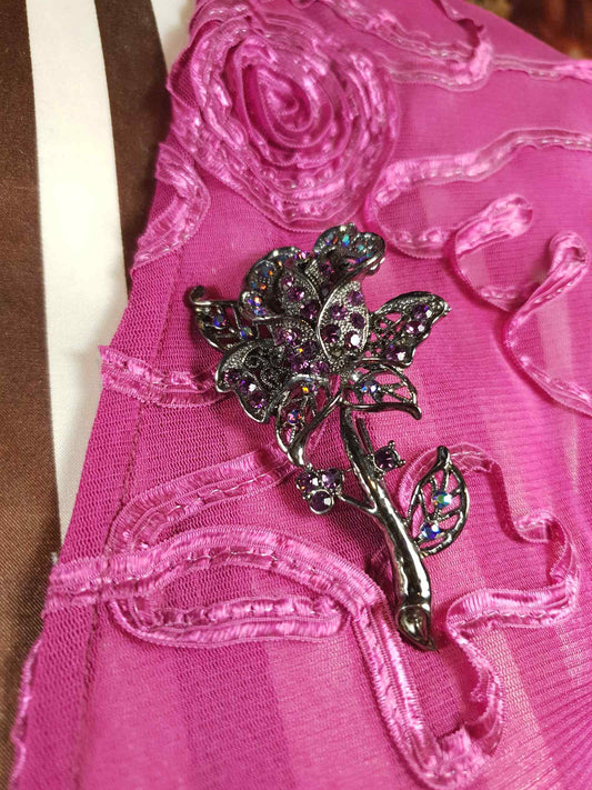 Vintage Rose Brooch Flower Floral Aurora Borealis AB Gunmetal Victorian Revival