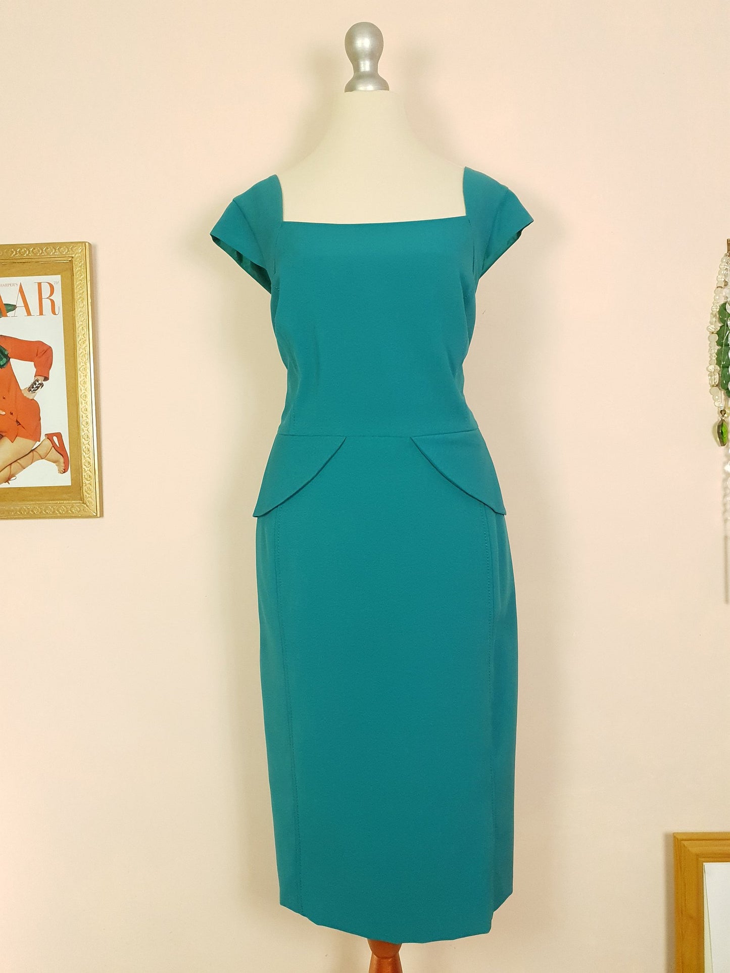 Vintage 90s Turquoise Midi Dress Peplum Size 18