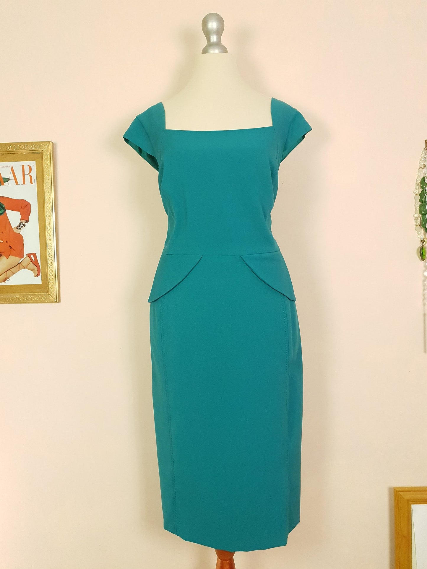 Vintage 90s Turquoise Midi Dress Peplum Size 18