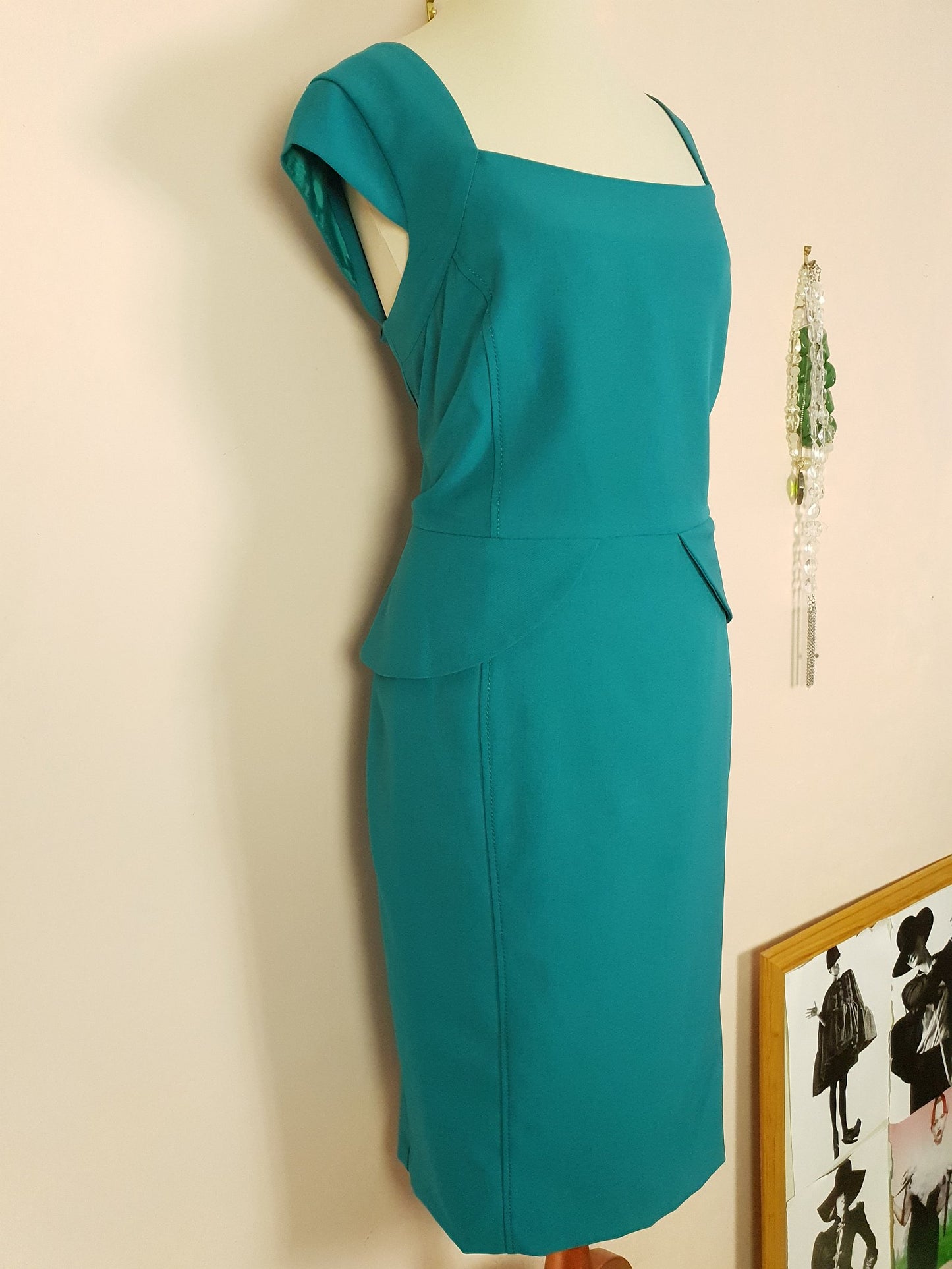 Vintage 90s Turquoise Midi Dress Peplum Size 18