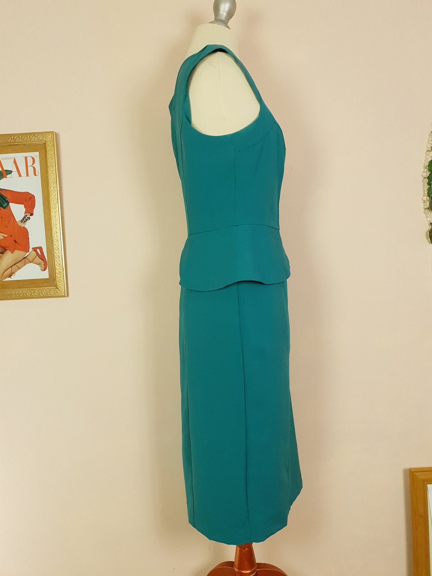 Vintage 90s Turquoise Midi Dress Peplum Size 18