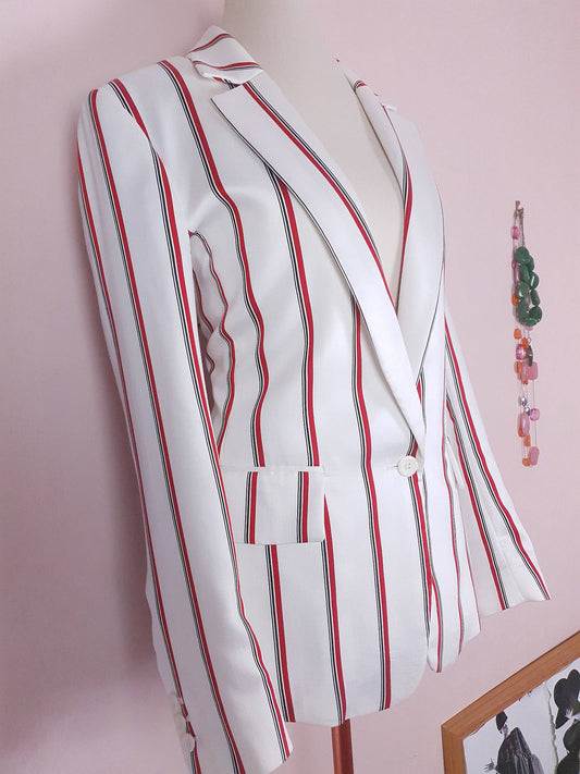 White & Red Pinstripe Jacket Blazer Preppy Nautical Size 12 - Pre-Owned