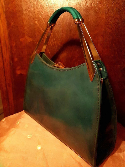 English Classics - Gorgeous 1950s Ackery London Green Marble Patent Handbag Tote