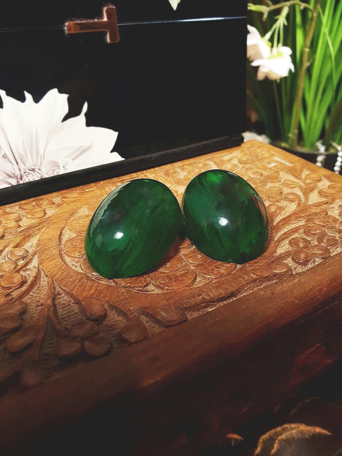Vintage Art Deco Green Bakelite Earrings 1930s Marbled French Oval Domed Large - Rare