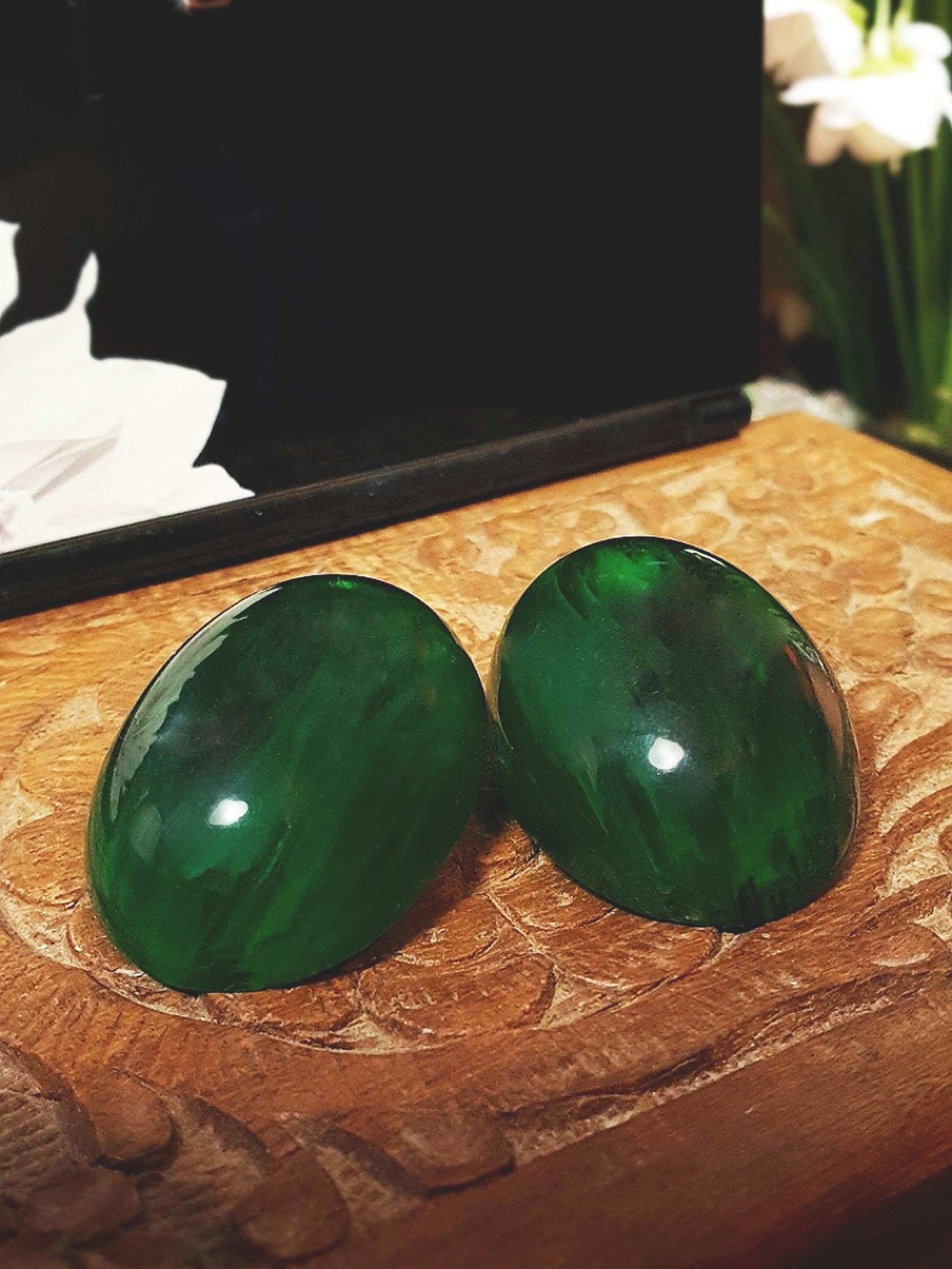 Vintage Art Deco Green Bakelite Earrings 1930s Marbled French Oval Domed Large - Rare