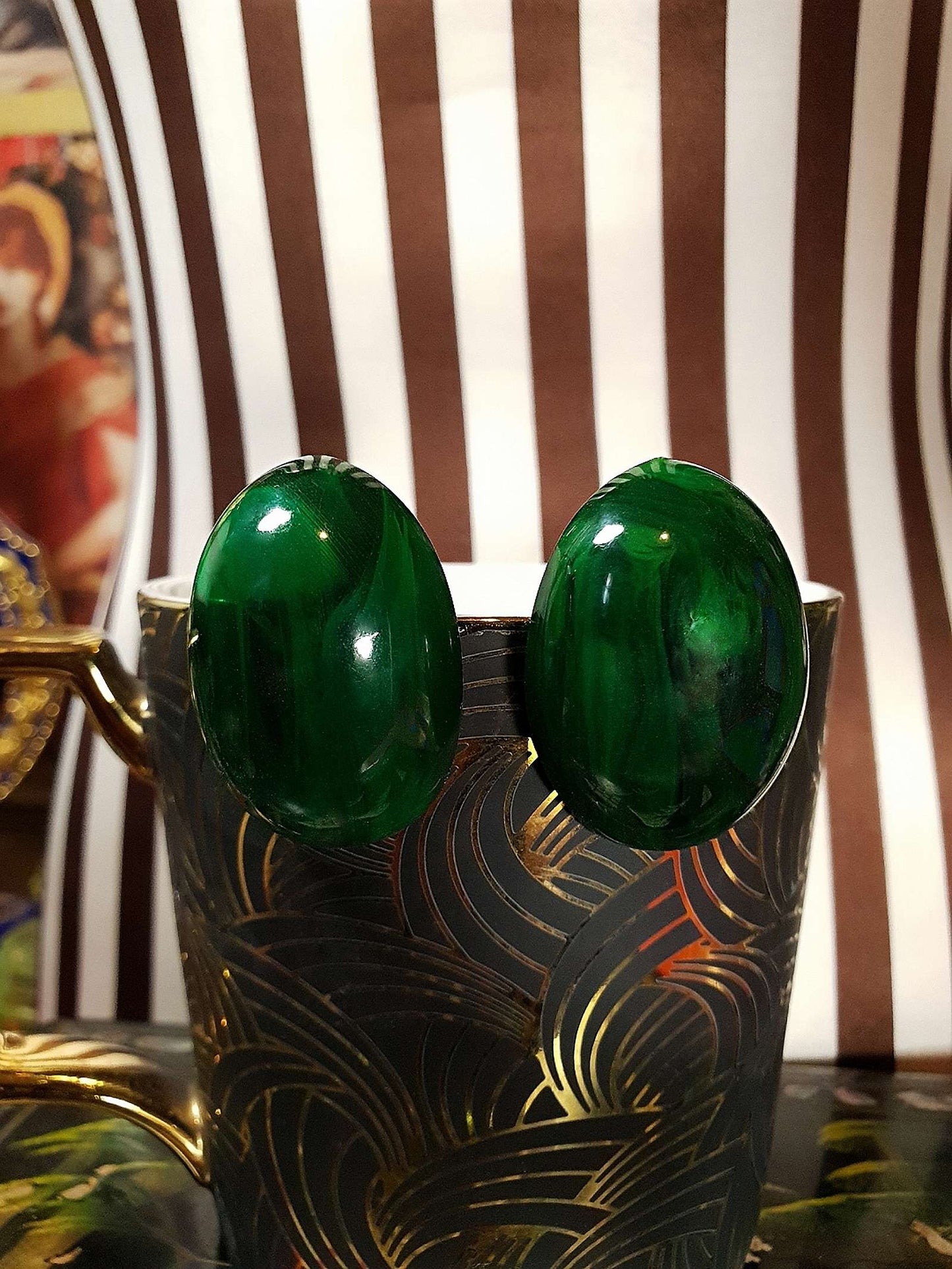 Vintage Green Bakelite Earrings 1930s/40s Marbled French Oval Domed Large - Rare