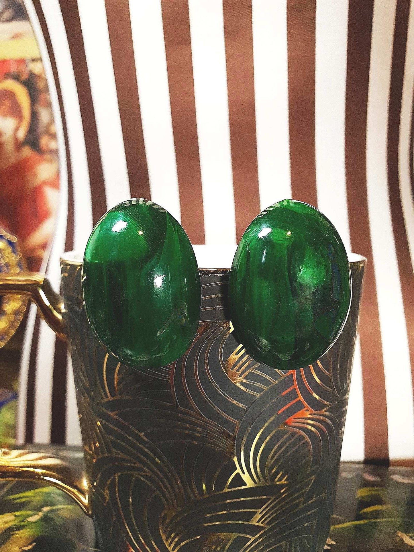 Vintage Art Deco Green Bakelite Earrings 1930s Marbled French Oval Domed Large - Rare