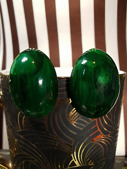 Vintage Green Bakelite Earrings 1930s/40s Marbled French Oval Domed Large - Rare