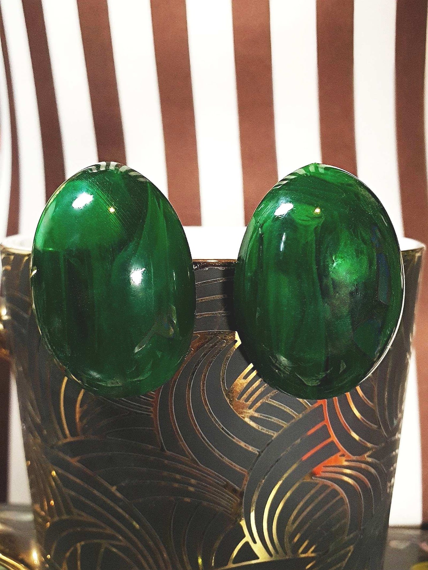 Vintage Art Deco Green Bakelite Earrings 1930s Marbled French Oval Domed Large - Rare
