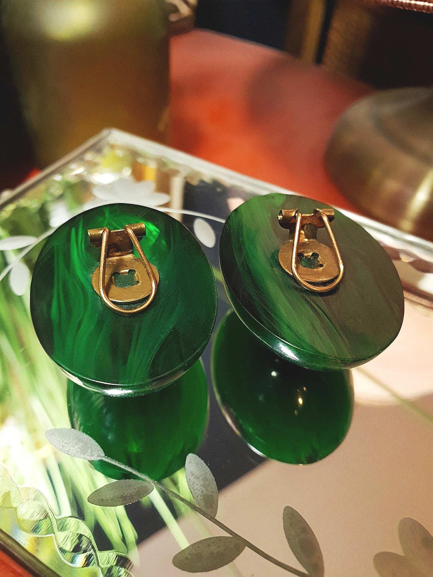 Vintage Art Deco Green Bakelite Earrings 1930s Marbled French Oval Domed Large - Rare