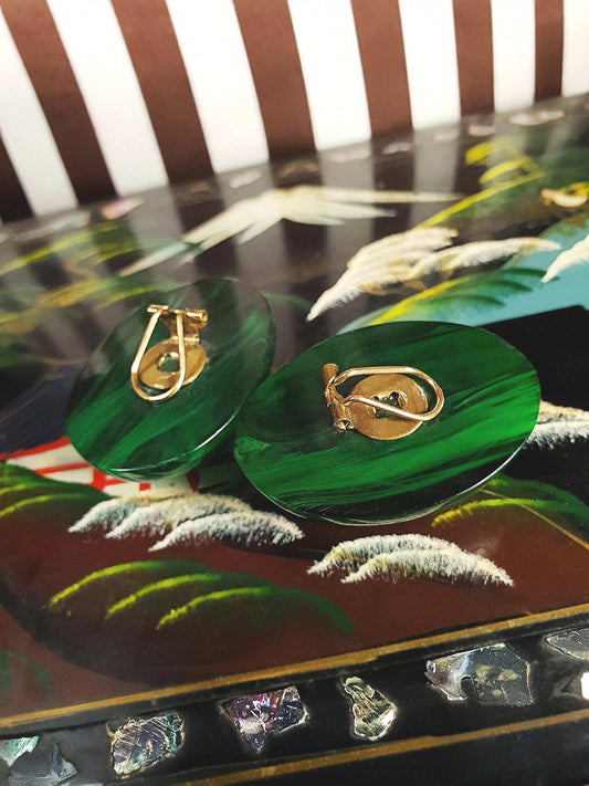 Vintage Art Deco Green Bakelite Earrings 1930s Marbled French Oval Domed Large - Rare