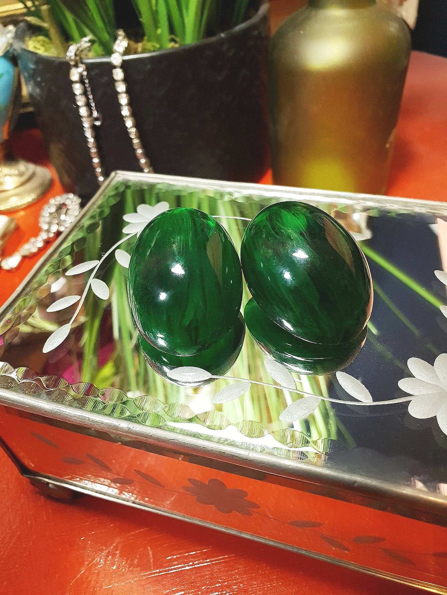 Vintage Art Deco Green Bakelite Earrings 1930s Marbled French Oval Domed Large - Rare