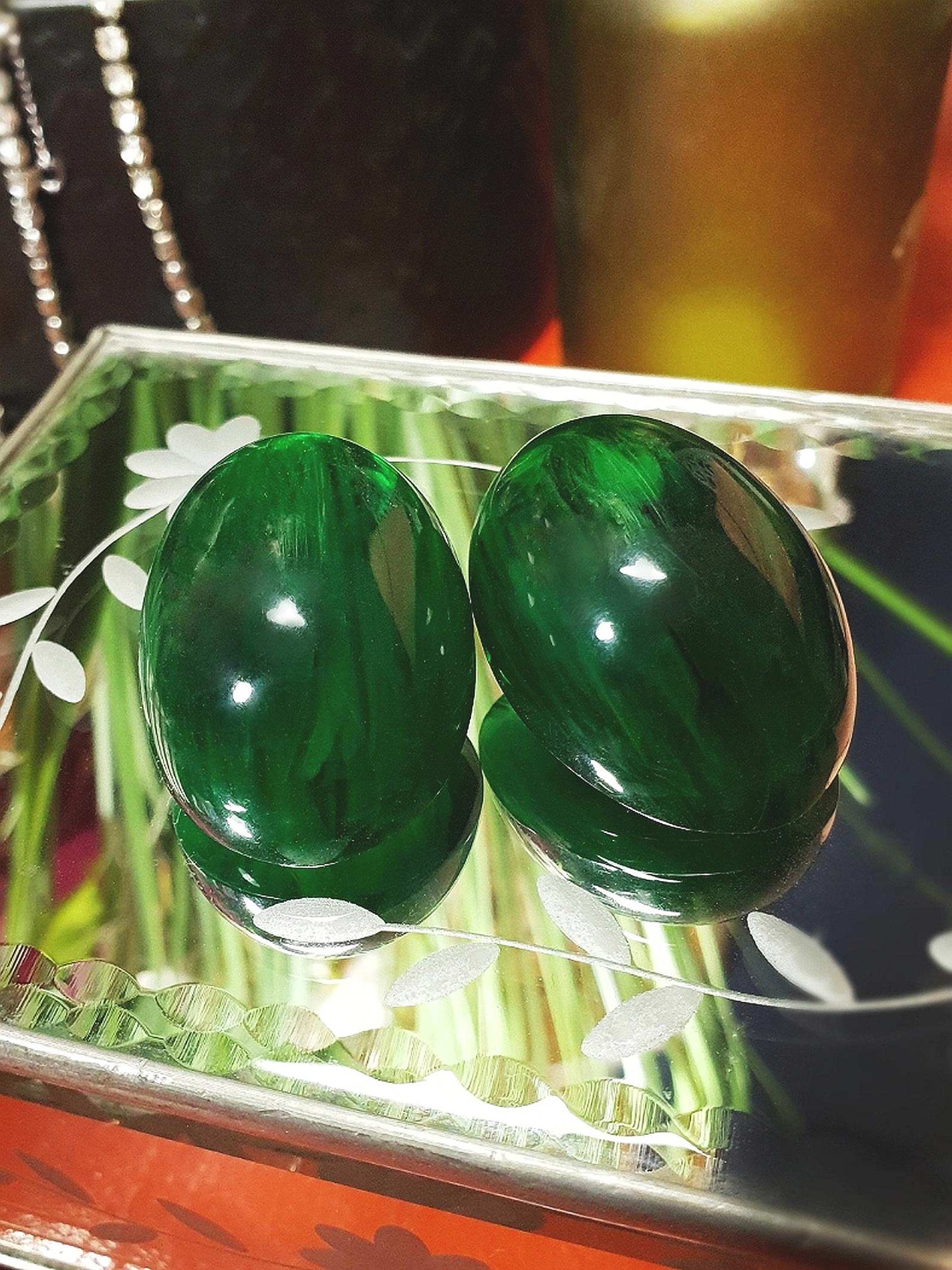 Vintage Art Deco Green Bakelite Earrings 1930s Marbled French Oval Domed Large - Rare