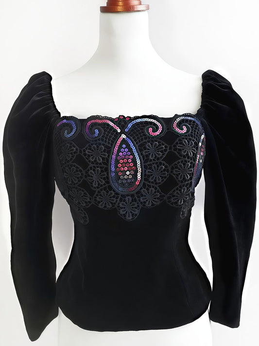 Vintage Black Velvet Sequin Boho Top Blouse Bohemian Party 1980s - Size 10