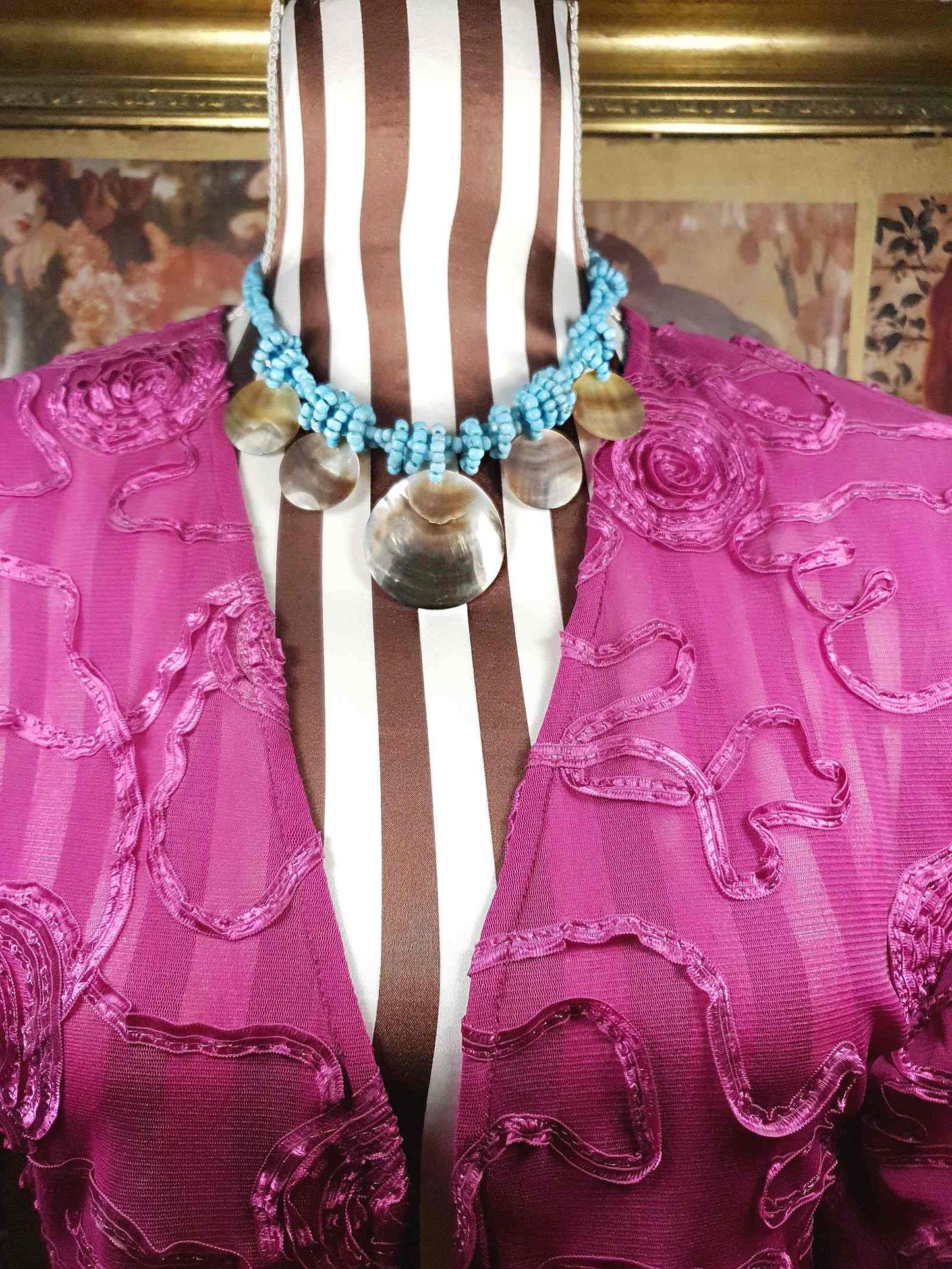 Vintage Mother of Pearl Boho Necklace 16" Blue Bead Bohemian Retro MOP