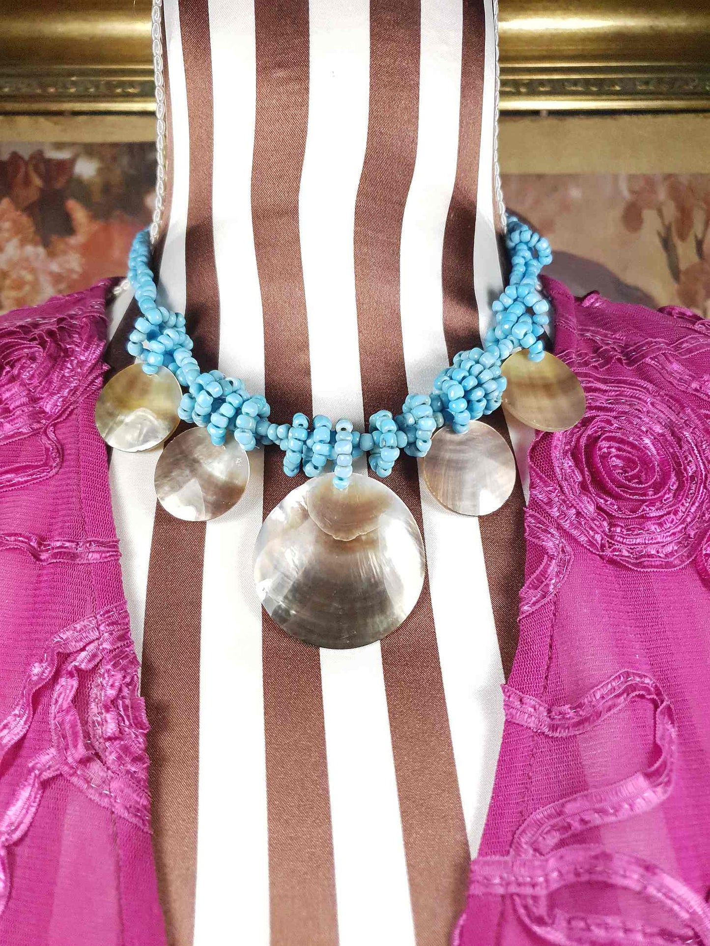 Vintage Mother of Pearl Boho Necklace 16" Blue Bead Bohemian Retro MOP