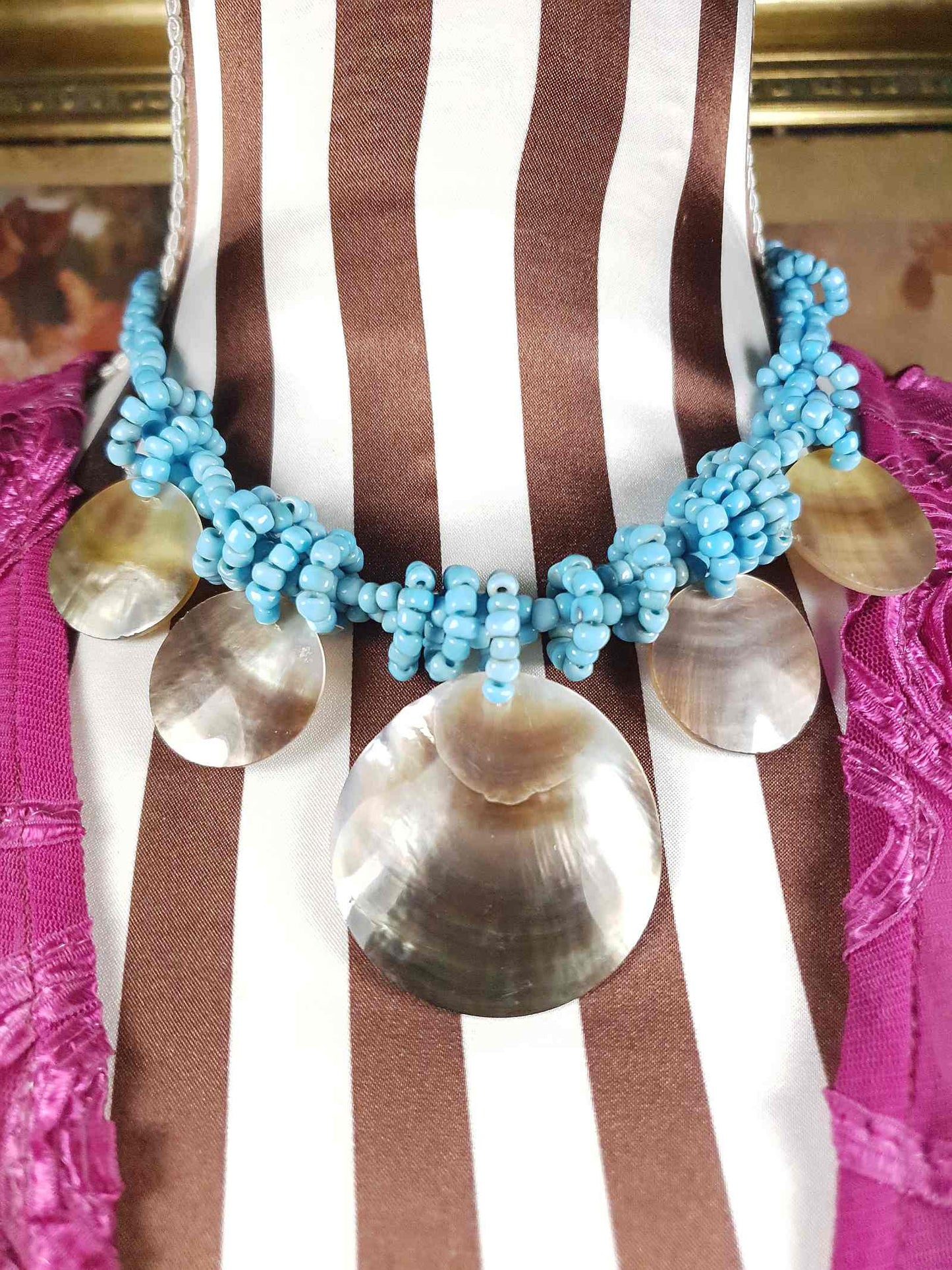 Vintage Mother of Pearl Boho Necklace 16" Blue Bead Bohemian Retro MOP