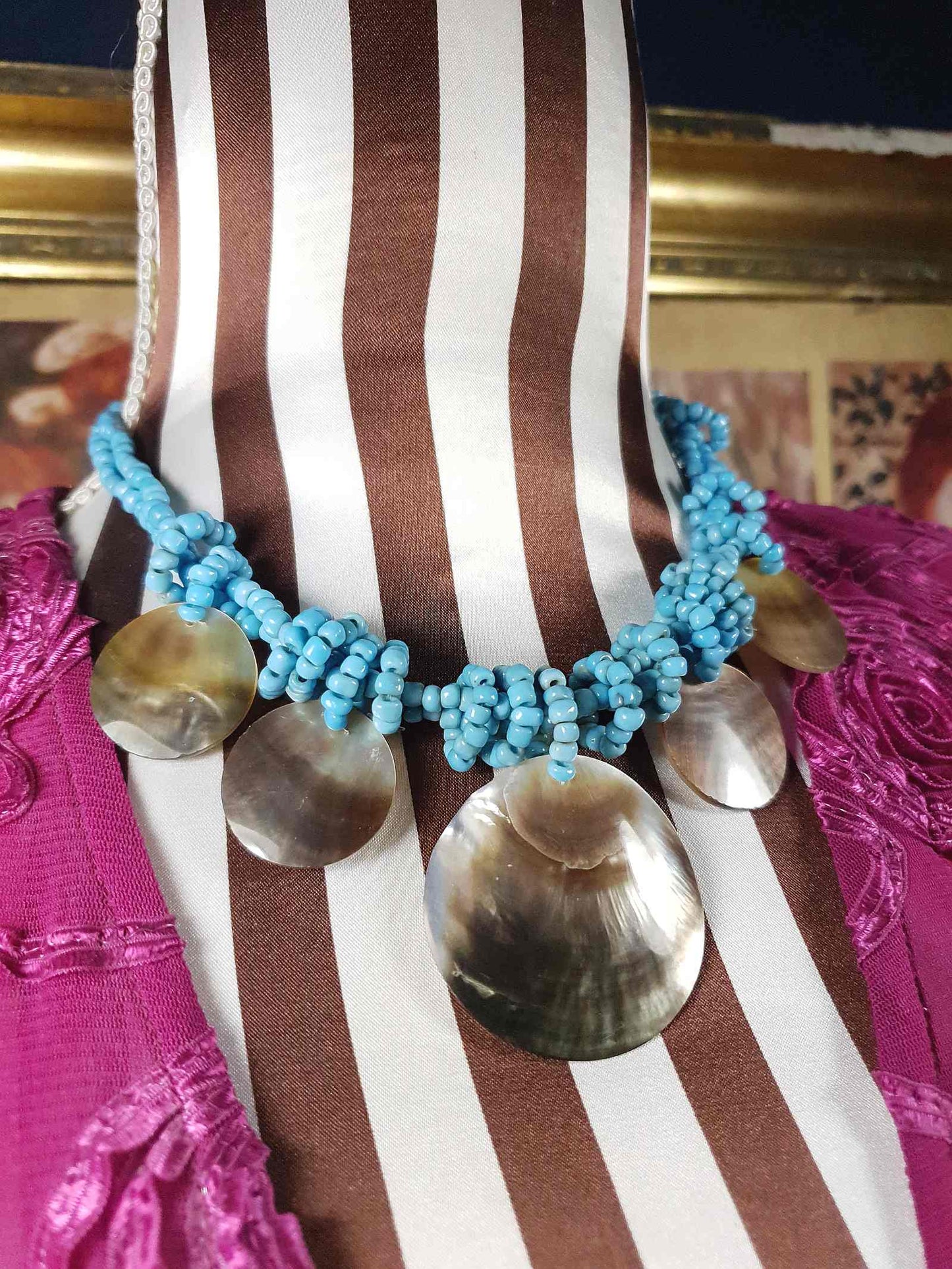 Vintage Mother of Pearl Boho Necklace 16" Blue Bead Bohemian Retro MOP