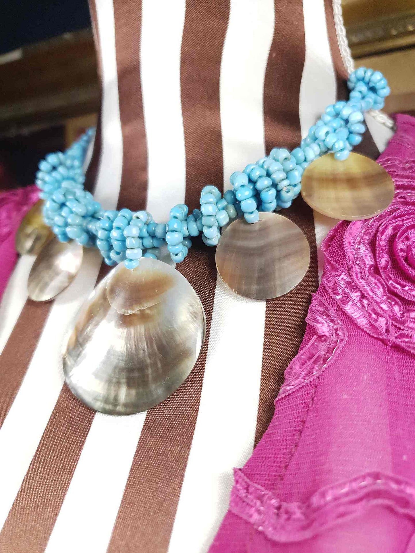 Vintage Mother of Pearl Boho Necklace 16" Blue Bead Bohemian Retro MOP