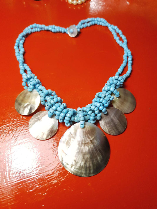 Vintage Mother of Pearl Boho Necklace 16" Blue Bead Bohemian Retro MOP
