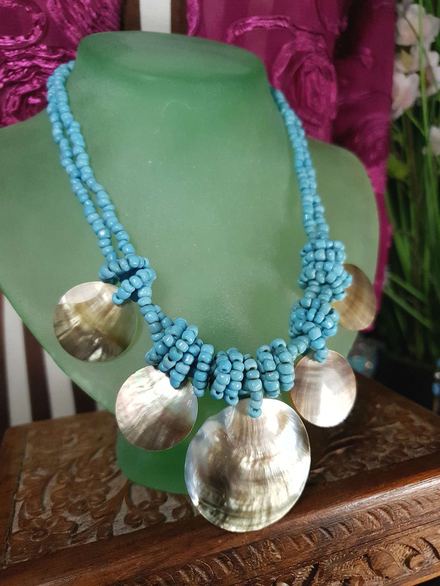 Vintage Mother of Pearl Boho Necklace 16" Blue Bead Bohemian Retro MOP
