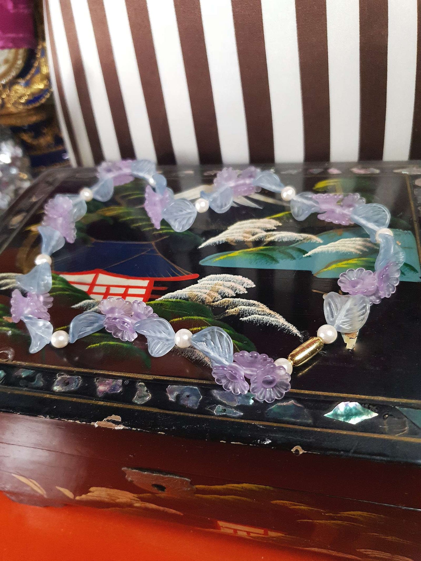 Vintage Pastel Blue & Lavender Flower Leaf Pearl Necklace Retro 1980s