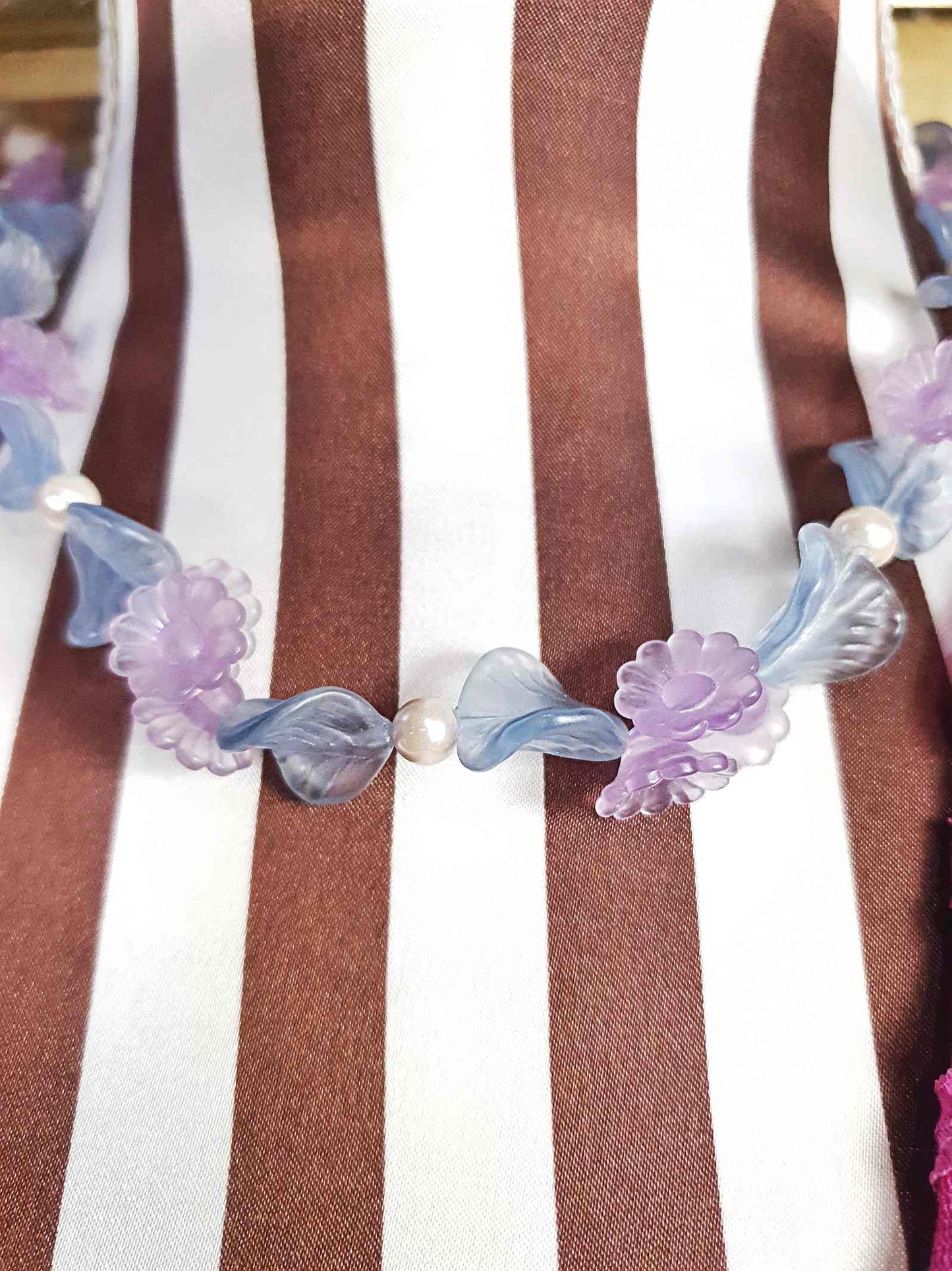 Vintage Pastel Blue & Lavender Flower Leaf Pearl Necklace Retro 1980s