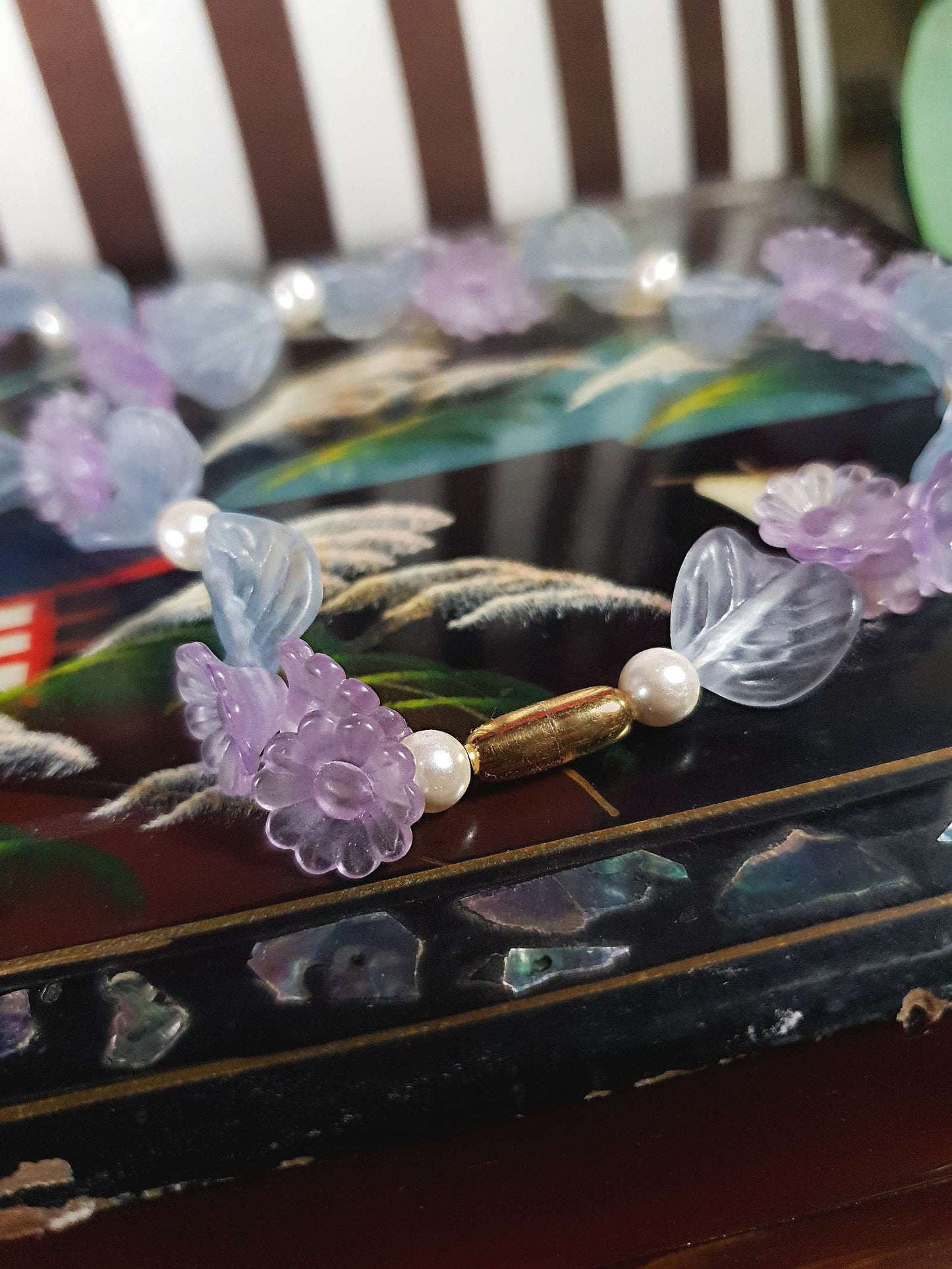 Vintage Pastel Blue & Lavender Flower Leaf Pearl Necklace Retro 1980s