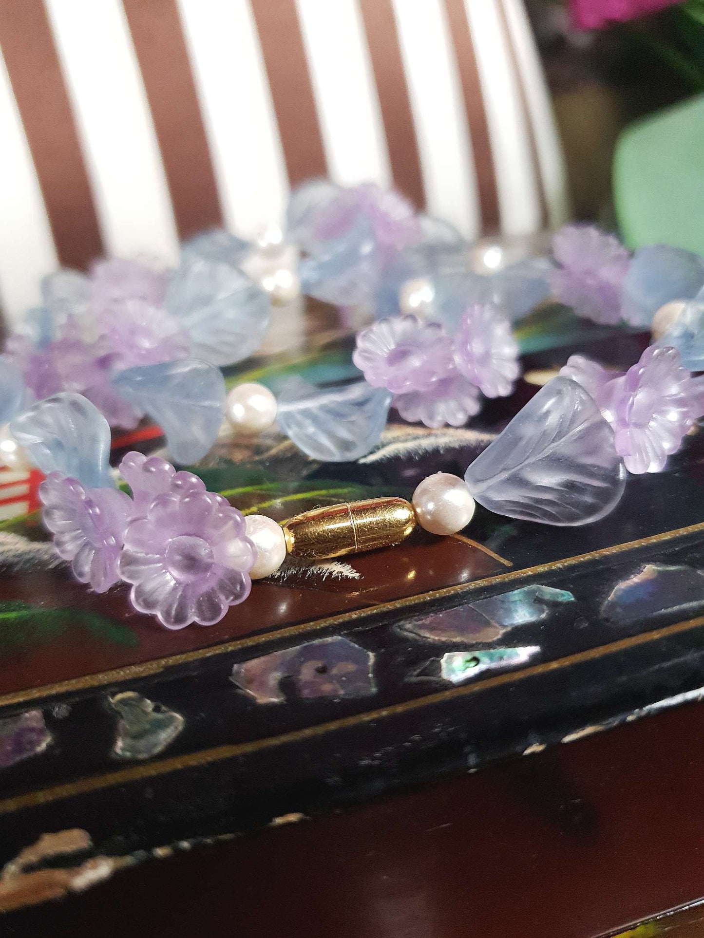 Vintage Pastel Blue & Lavender Flower Leaf Pearl Necklace Retro 1980s