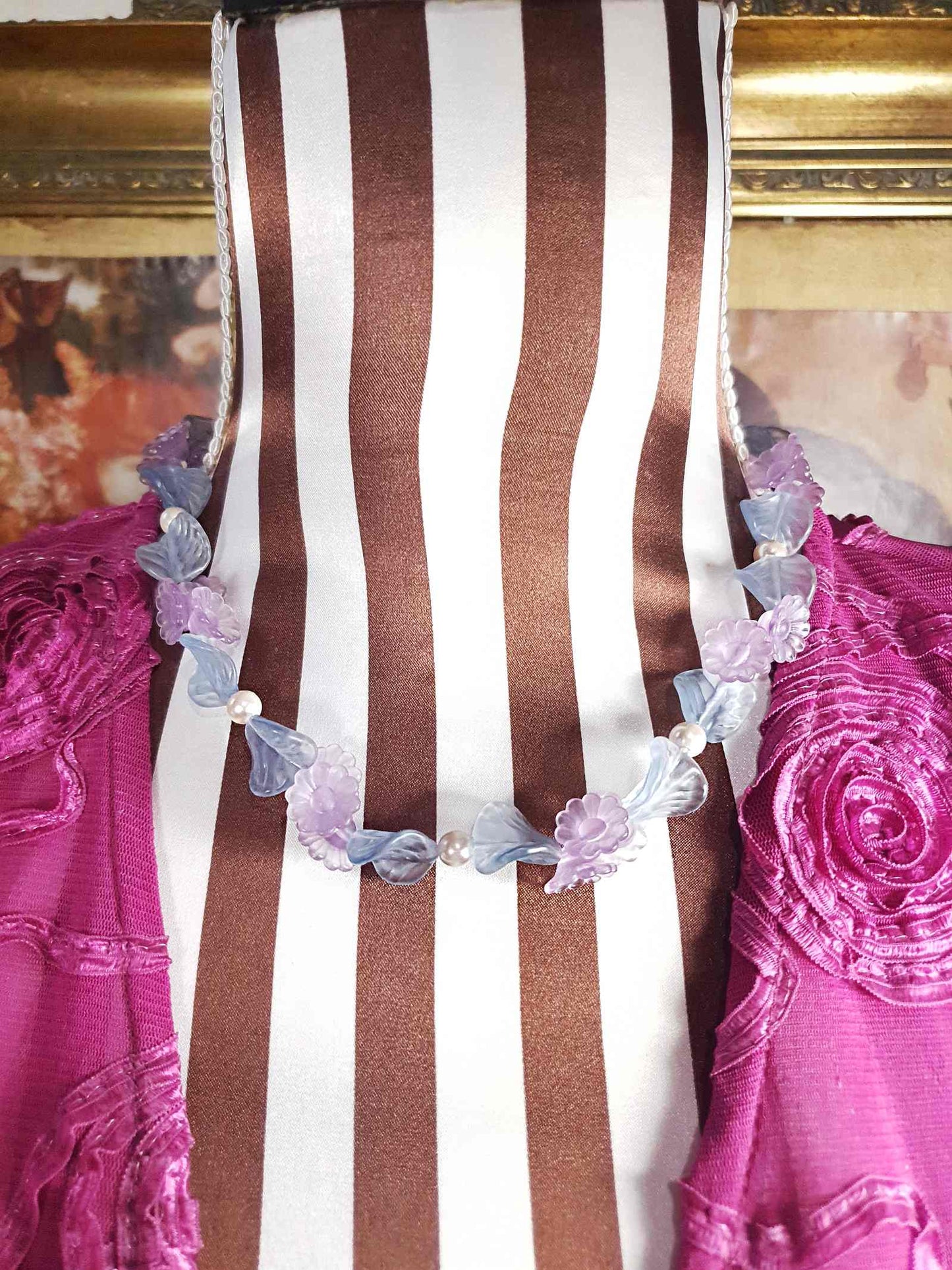Vintage Pastel Blue & Lavender Flower Leaf Pearl Necklace Retro 1980s