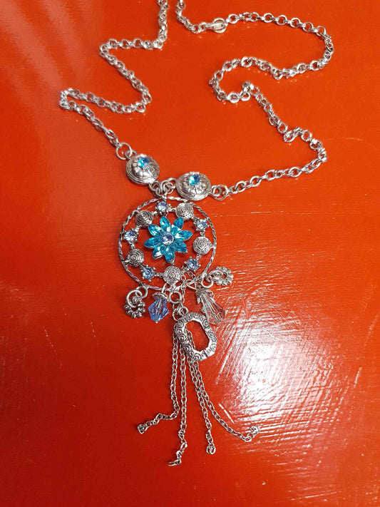 Vintage Blue Rhinestone Charm Boho Necklace Pendant Y2K Floral Flower