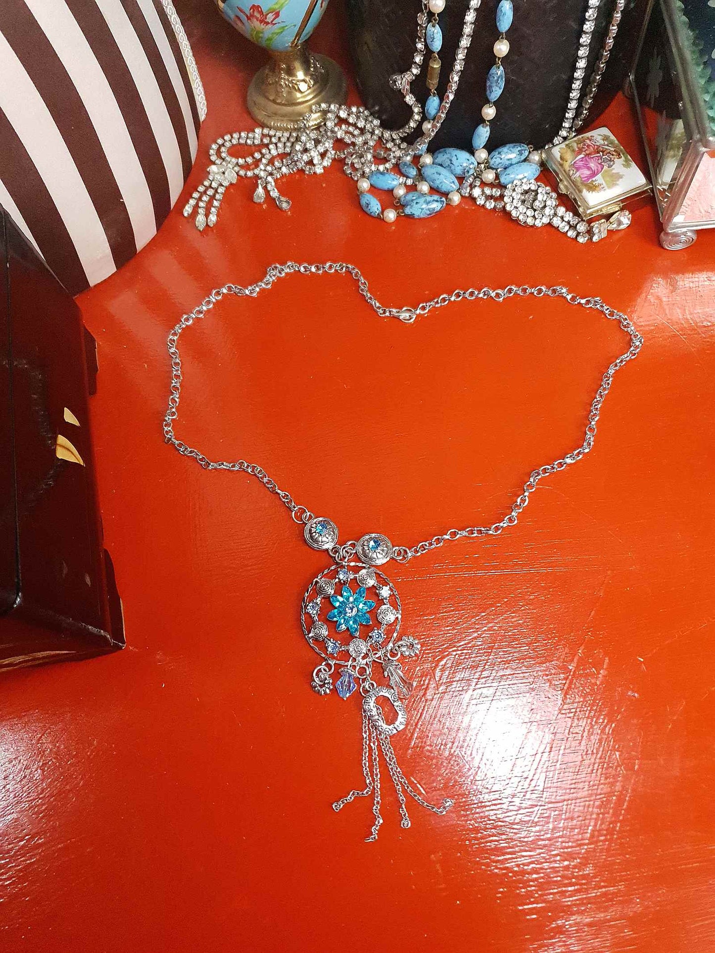 Vintage Blue Rhinestone Charm Boho Necklace Pendant Y2K Floral Flower